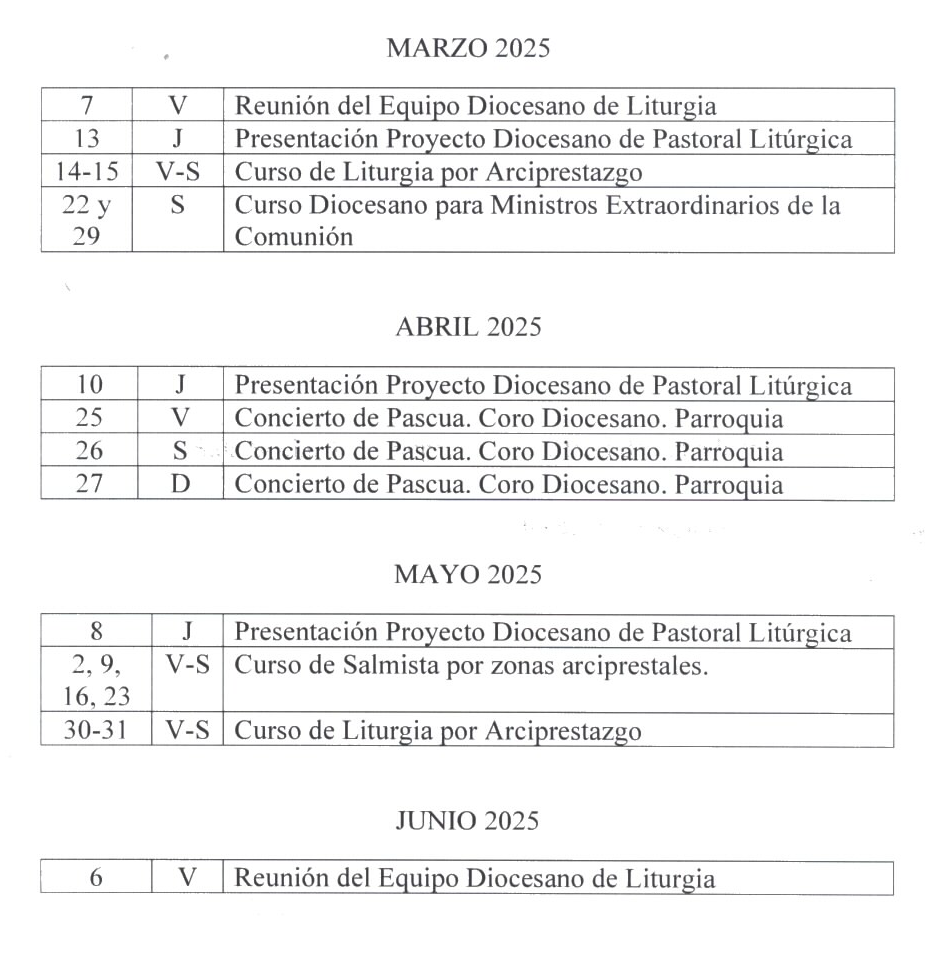 Calendario Delegación Diocesana de Litrugia